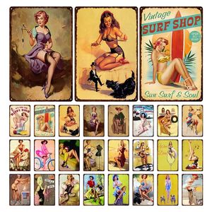 Vintage Metal Painting Surf Shop Pin Up Girl Playa Paisaje Metal Plate Art Pictures Carteles de chapa Home Man Cave Bar Club Decoración Pintura de hierro 30X20cm W03