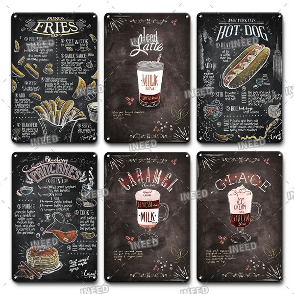 Lista de estaño de metal vintage Placa de cocina rápida para el menú Restaurant Bar Cafe, decoración de la pared del restaurante, hamburguesa, menús de carne