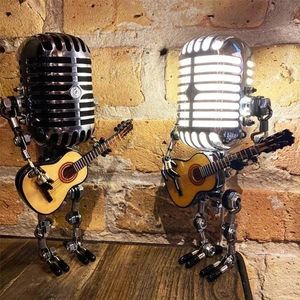 Vintage microfoon robotlamp gitaar spelen bureau LED-licht miniaturen ambachten verlichting kantoor woondecoratie 240124