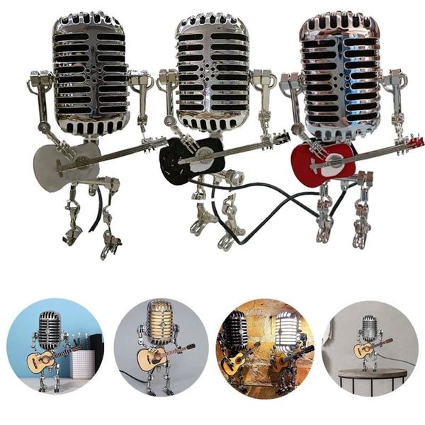 Vintage Microphone Robot Lampe Jouer Guitare Bureau LED Lumières Miniatures Artisanat Éclairage Bureau Décoration 220426