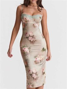 Robe mi-longue vintage pour femme sans manches à bretelles en dentelle imprimé floral robes minces taille haute dos nu robe d'été