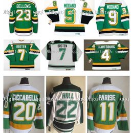 Maillot de hockey vintage Mike Modano DINO CICCARELLI Broten J.P. Parise Craig Hartsburg Brian Bellows JON CASEY Brett Hull Vert Blanc