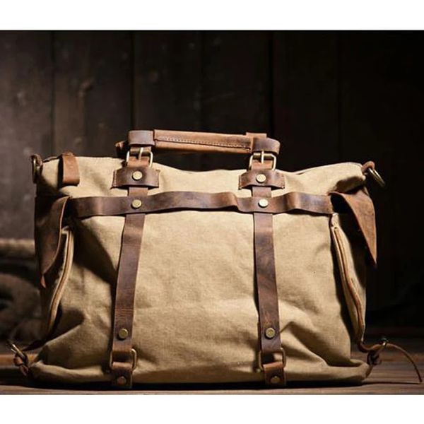 Bolso de hombro de cuero de lona militar Vintage para hombre, bolso cruzado, bolso de mano para hombre, bolso de mensajero de lona, ocio para hombre 240109