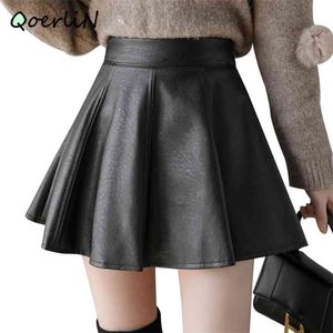 Vintage Mini jupes Shorts femmes grande taille en cuir PU taille haute fermeture éclair latérale sûr femme automne hiver Saia 210601