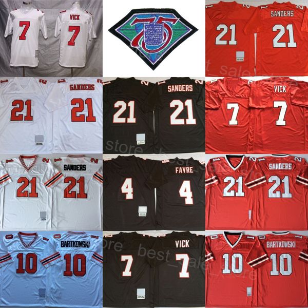 Vintage Football Throwback 21 Deion Sanders Jersey Hommes 75e Anniversaire Rétro 7 Michael Vick 10 Steve Bartkowski Noir Rouge Blanc Cousu Pour Les Fans De Sport Uniforme