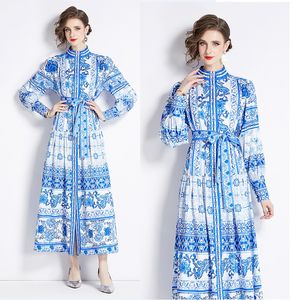 Vintage Mock Neck Floral Robe de vacances Femme Designer Manches longues Slim Lace Up Bow Ruché Boho Maxi Robes 2024 Printemps Automne Chic Piste Élégant Fit Party Ballgown