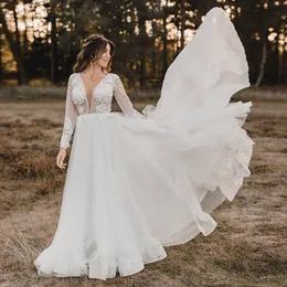 Vestido de novia de campo modesto con mangas largas con cuello en V vestidos de novia de encaje de gasa para jardín vestido de novia