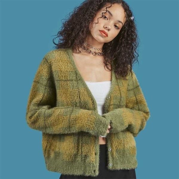 Vintage Mohair Sweater Mujeres Cárdigans de punto Harajuku Estilo perezoso Señoras con cuello en V Botón Fuzzy Plaid Cardigan Fluffy Knitwear Top 211103