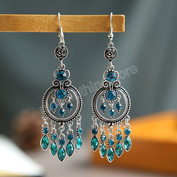 Rétro rond creux Style chinois boucles d'oreilles pendantes bleu strass boucles d'oreilles en gros gland boucle d'oreille femme