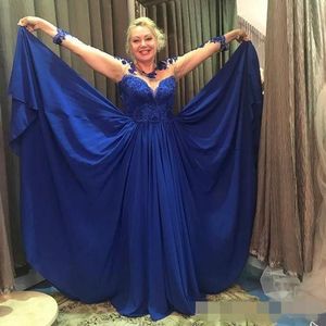 Vintage moeder van bruid Dree Royal Blue Long Sleeve Jewel Neck Chiffon Lace Applique Crytal Floor Lengte PLU Maat Cutom Wedding Evening Party
