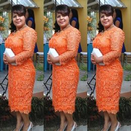 2021 Vintage Moeder Van Bruid Jurk Thee Lengte V-hals Driekwart Mouwen Oranje Full Lace Schede Vestidos Plus Size Formele Bruiloft Gast Jurken