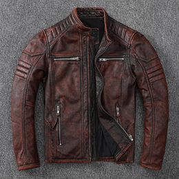 Jackets de motos vintage chaqueta de cuero para hombres 100% genuino pelaje de cuero de cuero ropa masculina de motociclista tamaño asiático s-4xl m696 240104