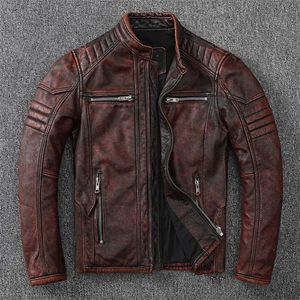 Vintage Motorfiets Jassen Mannen Leren Jas 100% Echt Koeienhuid Lederen Jas Mannelijke Biker Kleding Herfst Aziatische Size S-4XL M696 211111