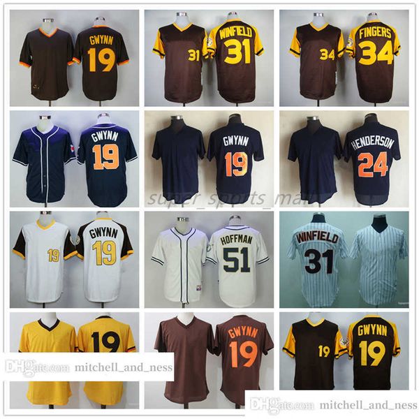 Vintage Movie Baseball Wears Jersey 19 Tony Gwynn 24 Rickey Henderson 31 Dave Winfield 34 Rollie Fingers 51 Trevor Hoffman 1998 Jerseys en blanco Hombres Mujeres Talla S - XXXL