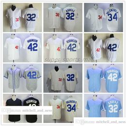 Vintage Movie Baseball Wears Jersey 42 Jackie Robinson 34 Fernando Valenzuela 32 Sandy Koufax 1955 Hommes Femmes Jeunesse Taille S--XXXL