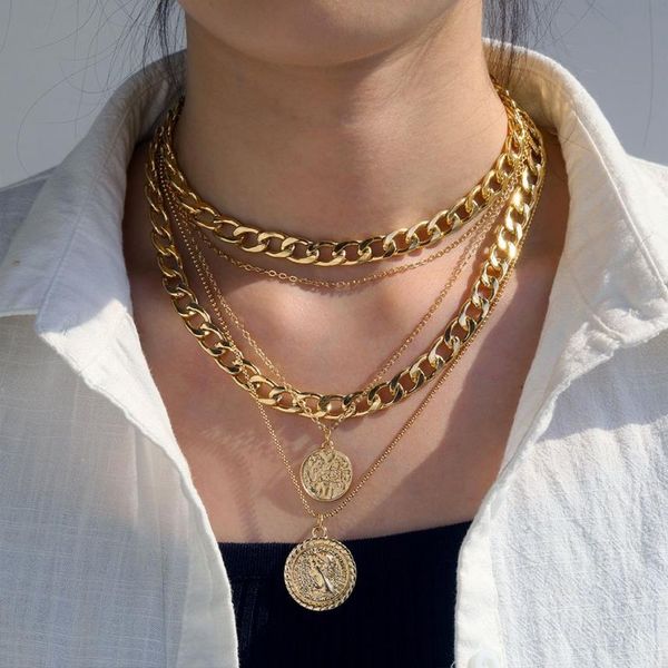 Gargantilla de cadena de oro multicapa Vintage para mujer, colgante de moneda y mariposa, retrato de moda, collares de cadena gruesa, joyería 2849