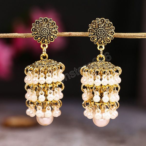 Vintage multicouche perle boucle d'oreille pour les femmes à la main suspendu perlé gland goutte boucles d'oreilles ethnique mariage indien bijoux