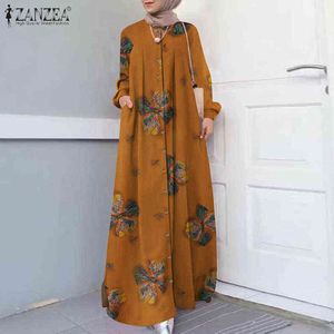 Vintage musulmán Abaya Hijab vestido ZANZEA primavera manga larga estampado Floral Maix largo vestido de verano Dubai ropa islámica bata mujer Y1204
