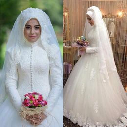 Vintage Musulman Robe De Bal Robes De Mariée Manches Longues Col Haut Floral Dentelle Fleur Robes De Mariée Arabie Saoudite Robe De Mariage Islamique314s