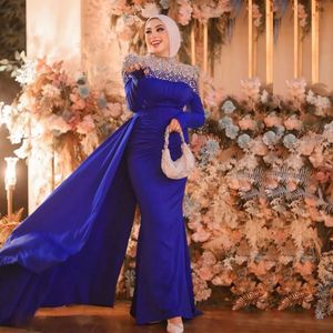 Vintage moslim avondjurken met afneembare sleep kralen kraag lange mouwen Kafan formele jurk plooi satijn Arabisch Dubai vestidos de novia 326 326