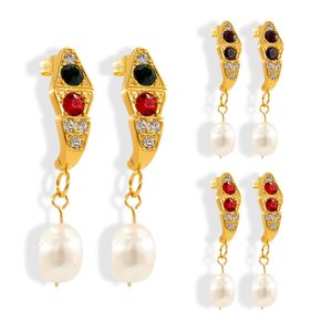 Vintage Natural Pearl Drop-oorbellen, geometrische slangenset met diamanten, wit paars rood zirkoon, titaniumstaal, niet-gevallende studoorbellen