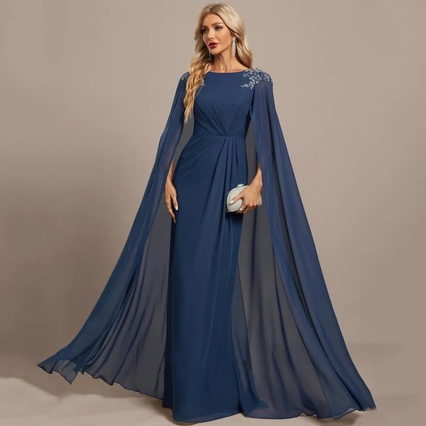 Vestido de madre de la novia azul marino vintage 2024 Mangas casquillo Escote redondo Apliques de encaje con lentejuelas Gasa larga Una línea Vestido de invitados de boda