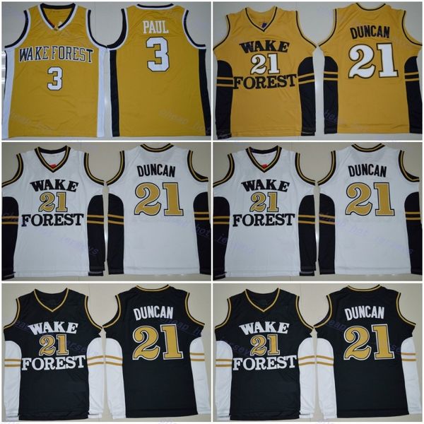 Vintage NCAA Tim Duncan # 21 Wake Forest Demon Deacons Camisetas de baloncesto universitario Negro Blanco Chris Paul # 3 Camisas cosidas en oro Jersey S-XXL