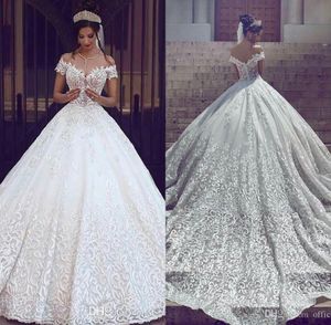 Vintage Nouvelle dentelle Une ligne robes de mariée sexy hors de l'épaule manches courtes appliques Sweep Train Bridal Bridal Pplique PPlique PPlique PPlique