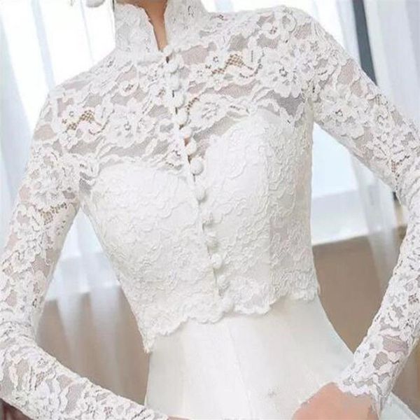 Vintage New White Marfil Chaqueta de boda Boleros nupciales Manga larga Apliques de encaje Top Cuello alto Por encargo Wraps Jackets2840