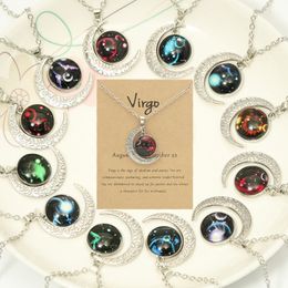 Vintage Noctilucent Doce Constelaciones Luna Colgante Hombre Mujer Collar Diseñador de Joyas Plateado El Zodiaco Sudamericano Gargantilla Collares con Tarjeta