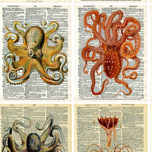 Octopus vintage en el diccionario póster lienzo de pintura biología marina arte de arte de pared impresiones de las especies de pulpos de pulpo decoración de la oficina