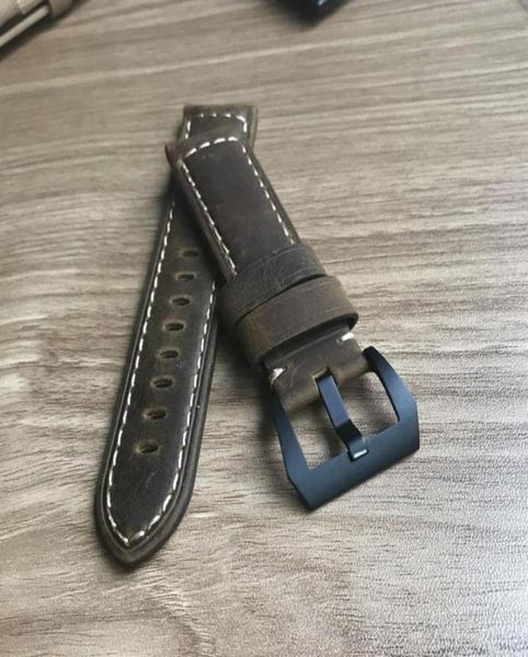 Vintage ocysa brun foncé noir craquier craquier véritable courroie de ceinture en cuir 24 mm 26 mm pour les montres pam296g8074238