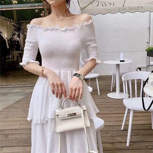 Vintage hors de l'épaule robe blanche Style coréen longue en mousseline de soie élégante femmes es décontracté été 210428