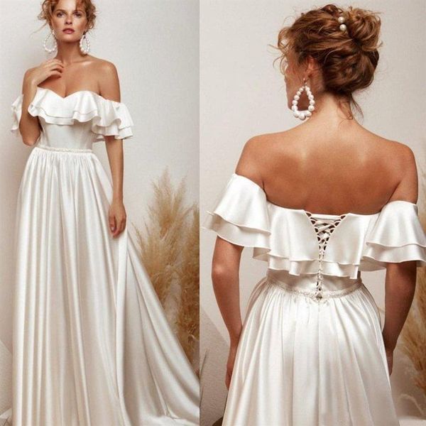 Vintage hors de l'épaule robes de mariée à manches courtes corset dos perles taille étage longueur une ligne robes de mariée sur mesure, plus la taille278W