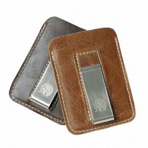 Vintage Oil Wax Echte Leather Men Credit Card Holder met een metalen klem vrouwelijke ID creditcard portemonnee C houder mey clip r9ki#