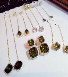 Vintage Olive Green Drop -oorbellen voor vrouwen S925 Sterling Silver 14K Gold Long Ear Line Luxe Elegante Aretes Fijne juwelier18830034374700