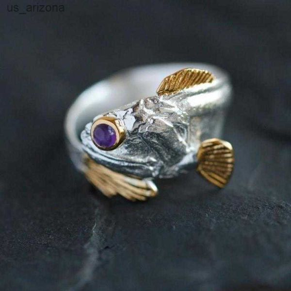 Anillo ajustable abierto Vintage para mujeres y hombres, anillo creativo de pescado de ojo púrpura de la suerte, regalo L230620