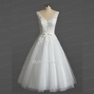 Vintage En Plein Air Thé Longueur Robe De Mariée Courte Une Ligne Col En V Dentelle Appliqued Tulle Robes De Mariée avec Arc Robe De Novia Real Ph288c