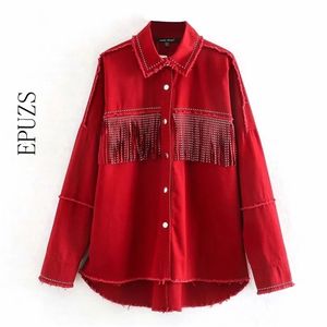 Vintage surdimensionné gland rouge jeans veste et manteau streetwear asymétrique à manches longues caot femme chic tops 210521