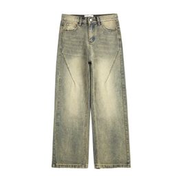 Vintage surdimensionné divisé de jean large déconstruit pour hommes jeans de jambe large lavée de la boue jaune lavée de la jambe de chat pantalon 240428.