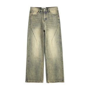 Vintage oversized split gedeconstrueerde brede jeans voor mannen gele modder geverfd gewassen noodlijdende wijde pijpen jeans kat snorhaar denim broek 240228