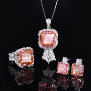 Vintage Padparadscha Diamond sieraden Set 100% Real 925 Sterling zilveren trouwringen oorbellen ketting voor vrouwen bruidsjuwelen