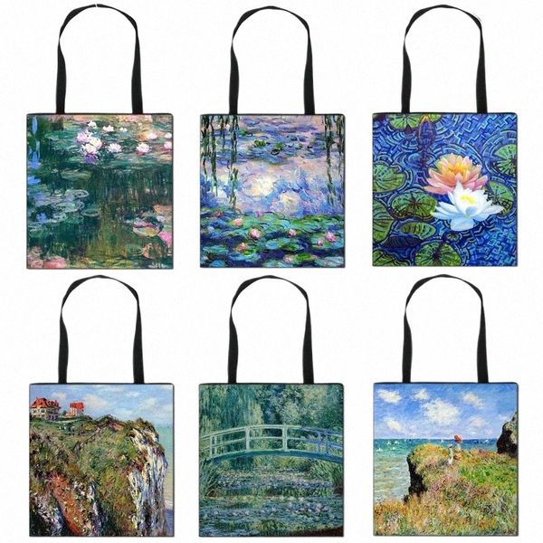 Pintura vintage Lirio de agua / Lotus Print Totes Bag Met Bolso de mujer Bolso de lona de viaje Bolso de hombro Tienda portátil Bolsas c6ij #