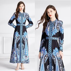 Vintage Paisley Bloemen Dames Maxi-jurk Designer Gewaad Lange mouwen Opstaande kraag Slanke riem Elegant Vakantieoverhemdjurken 2023 Lente Herfst Zwart Feest Runway Jurken