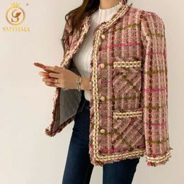 Vintage Palid Tweed Chaqueta Mujer Diseño Botones O-cuello Manga larga Otoño Invierno Elegante Abrigo Bomber Harajuku 210520