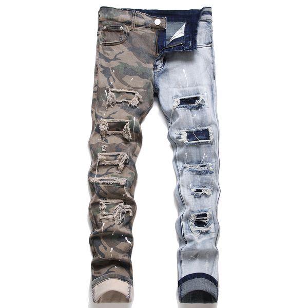 Pantalon Vintage Jean homme Zip camouflage Patchwork Stretch noir homme Jean coupe cintrée Moto Biker casual Denim pantalon Hip Hop 29-38