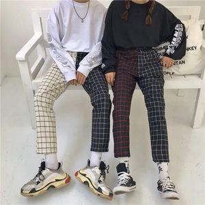 Vintage Broek Vrouwen Plaid Patchwork Herfst Nieuwe Harajuku Koreaanse elastieken Hoge taille Causal Rechte Checkerboard Broek 210422