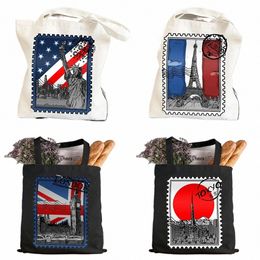 Vintage Paris LD Amsterdam New York Tokyo Berlin Stamp Femmes Toile Épaule Sac à main Fourre-tout Cott Shop Beach Baguette Sac j0TZ #