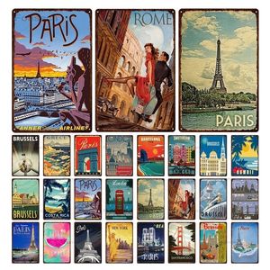 Vintage Paris Roma City Metal Tin Tin Tin Plaque Plates Travel Plates Decor para bar de la pared del hogar, cartel de estaño, cartel de metal personalizado de 30x20cm W01