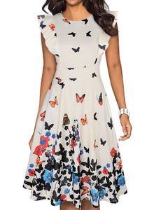 Robe de soirée vintage mode féminine robe taille haute à volants floral évasé une ligne balançoire robes de soirée cocktail décontractées avec impression